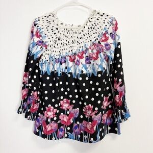 Alberto Makali Blouse Womens XS Stretch Polka Dot Floral Multicolor Top